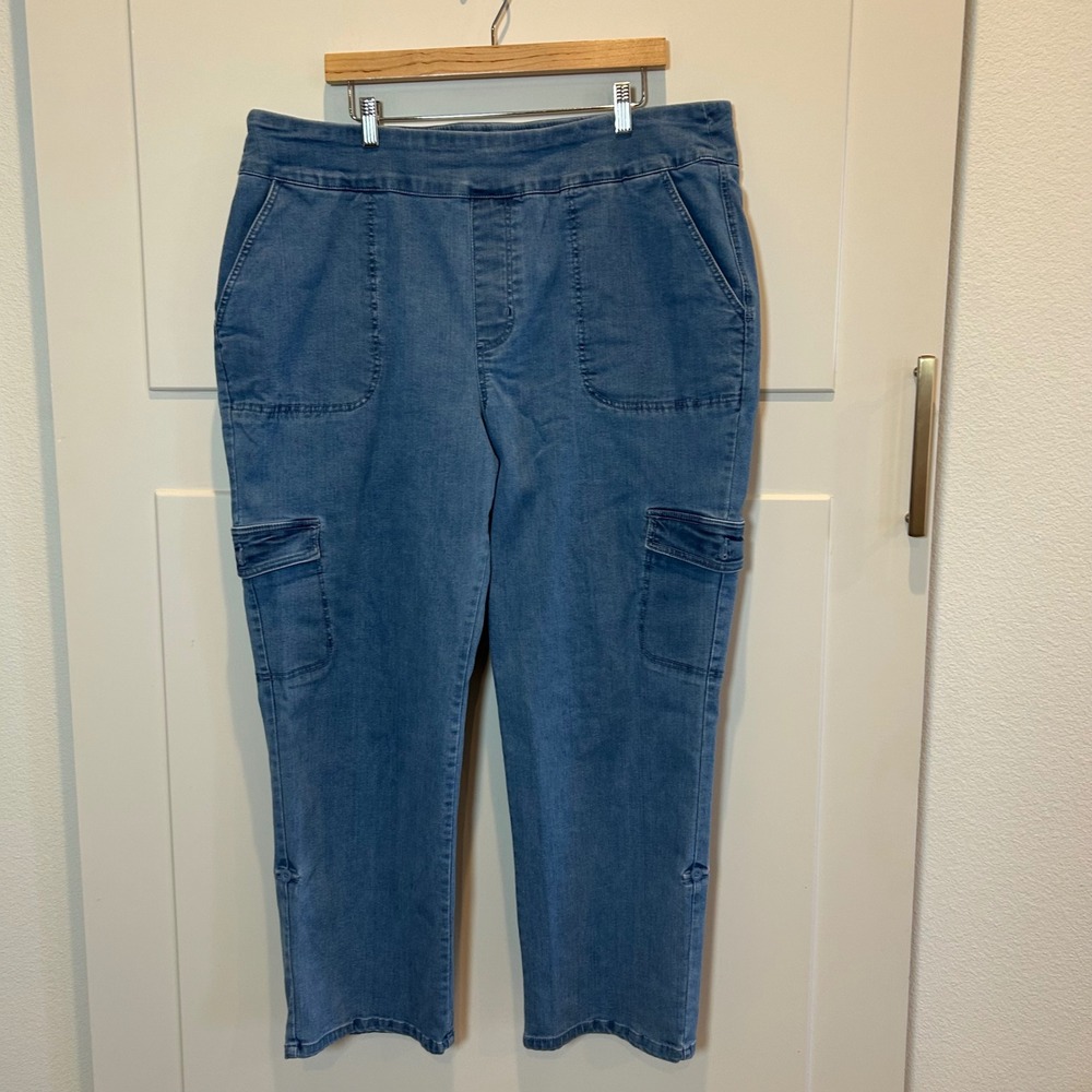 Blair Women 20W Denim Cargo Pants Elastic Waist Lightweight Blue‎